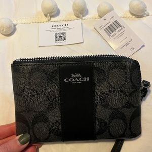 COACH Corner Zip Wristlet Black Smoke Signature PVC Leather